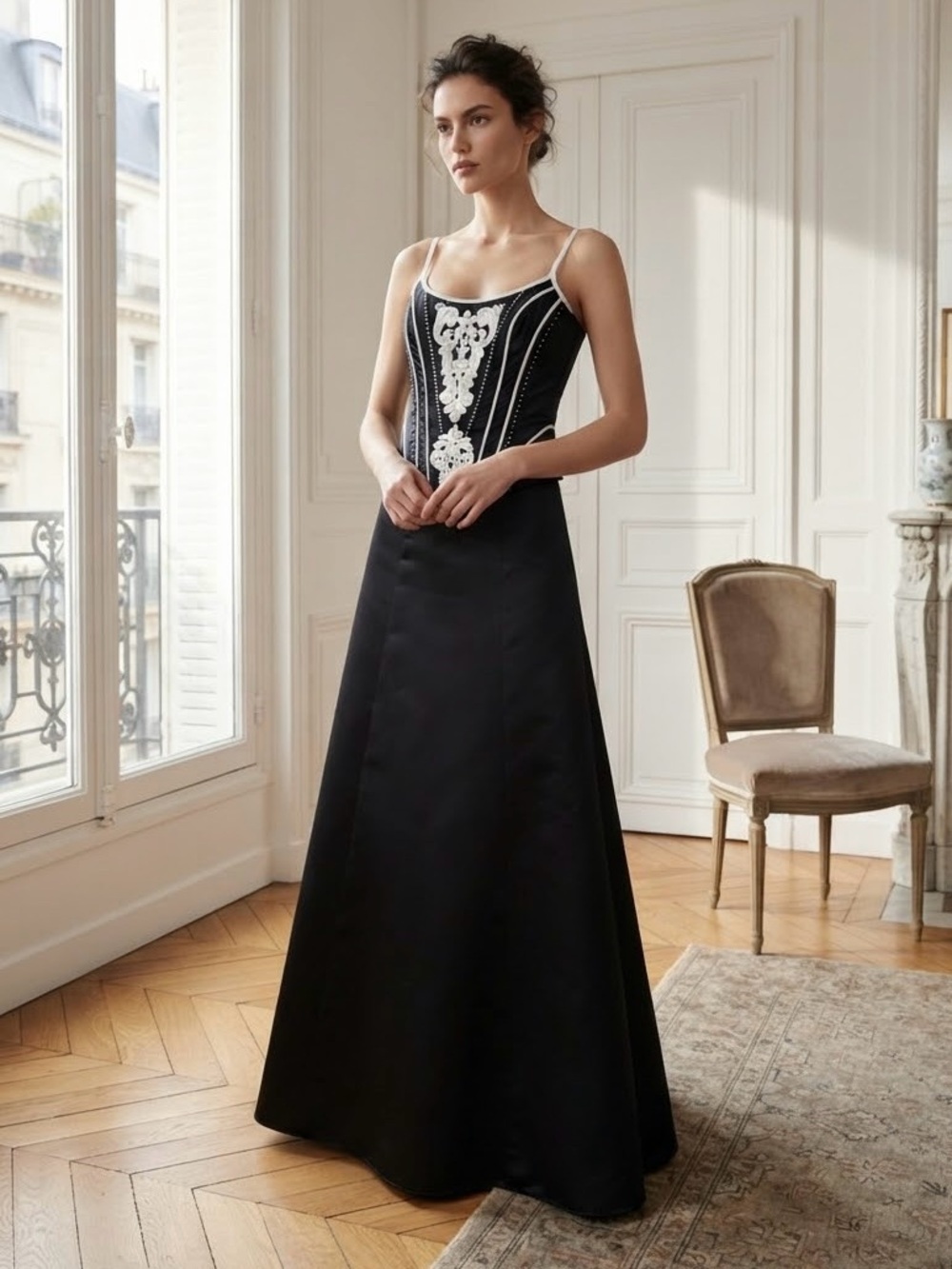 Scott McClintock Vintage Black Corset Satin 2 Pc Evening Gown White Lace Sz 6